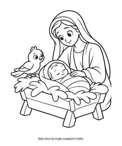 Baby Jesus in the manger coloring page: Mary leans over the sleeping baby while a little dove sits on the manger; simple bold lines for preschoolers