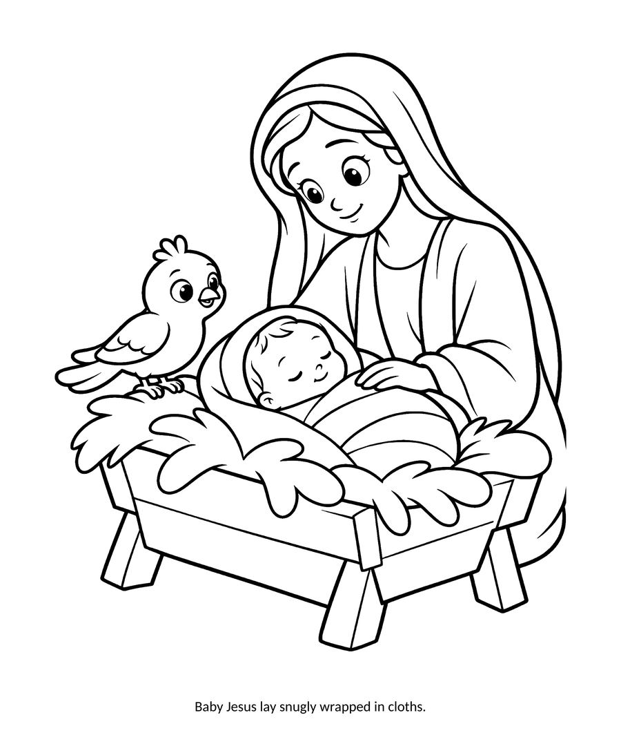 Baby Jesus in the manger coloring page: Mary leans over the sleeping baby while a little dove sits on the manger; simple bold lines for preschoolers