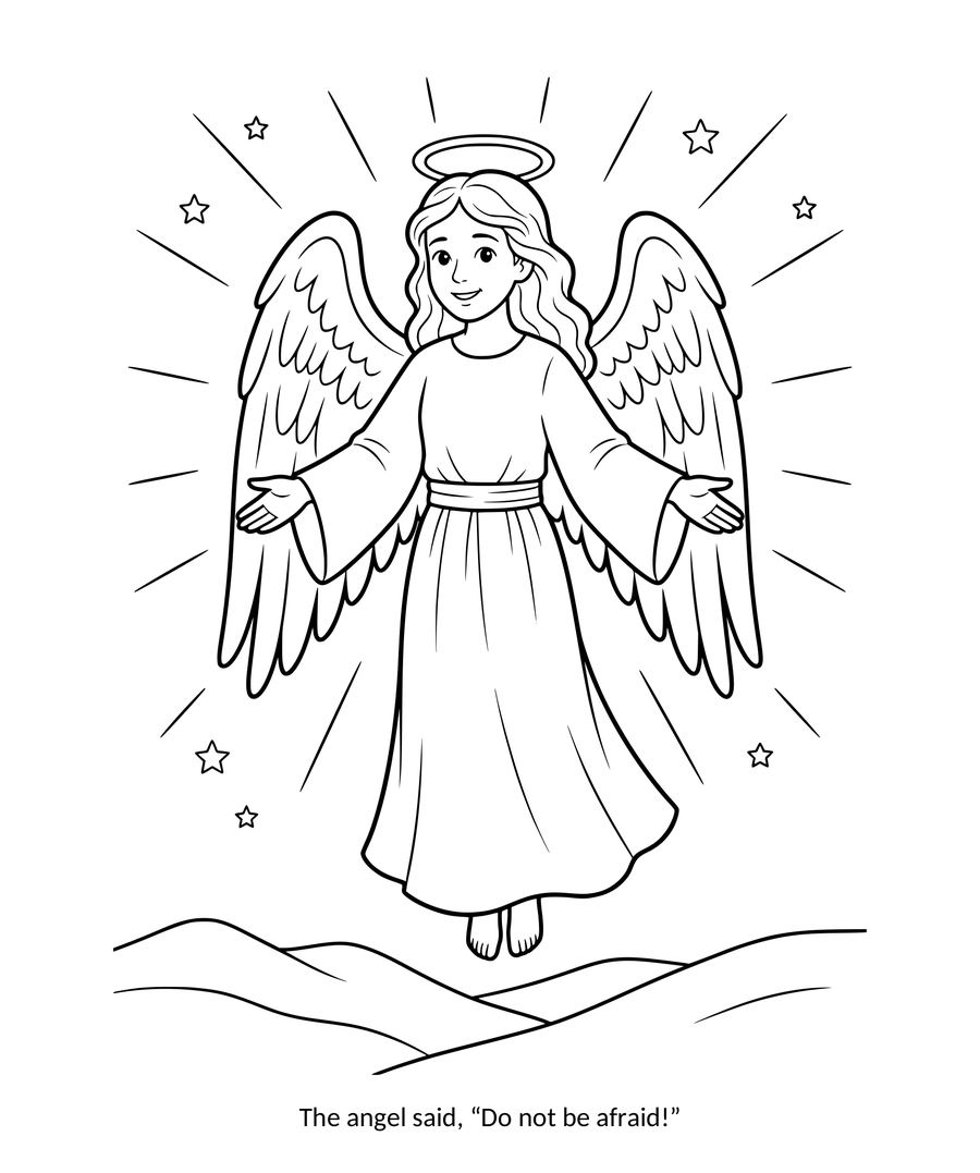 Christmas angel coloring page: an angel with open arms and wide wings, surrounded by rays of light and stars above the hills of Bethlehem