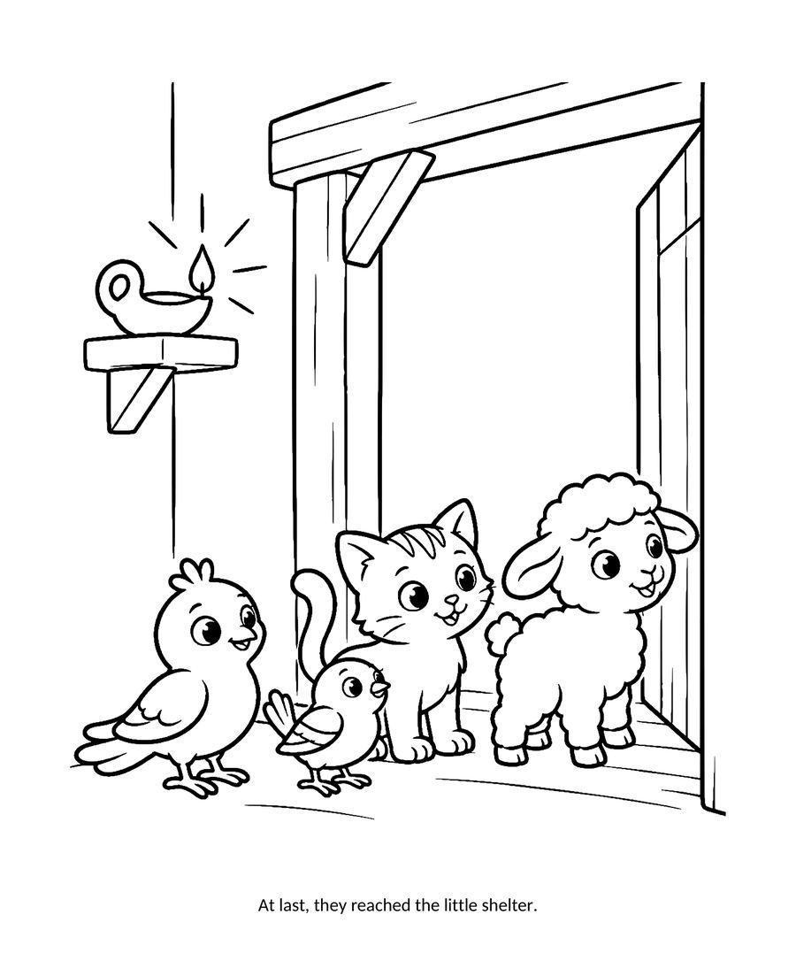 Preschool Christmas coloring page: a little dove, a sparrow, a kitten and a lamb stand at the open stable door under a small lantern; simple bold outlines