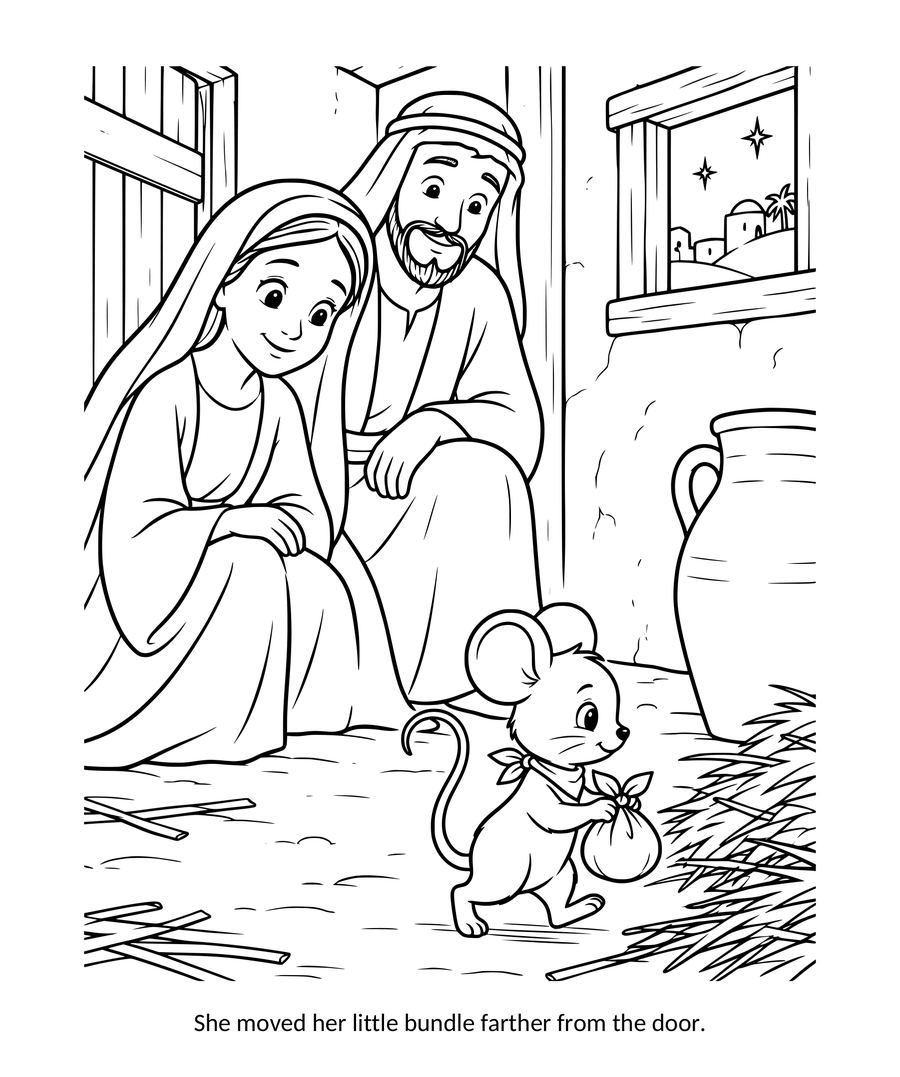 Mary and Joseph coloring page: Mary rests on the straw in the Bethlehem stable while Joseph looks on and a little mouse carries her bundle to make room
