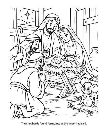 Nativity scene coloring page: the shepherds find baby Jesus in the manger with Mary and Joseph in the stable; a small mouse watches from the straw