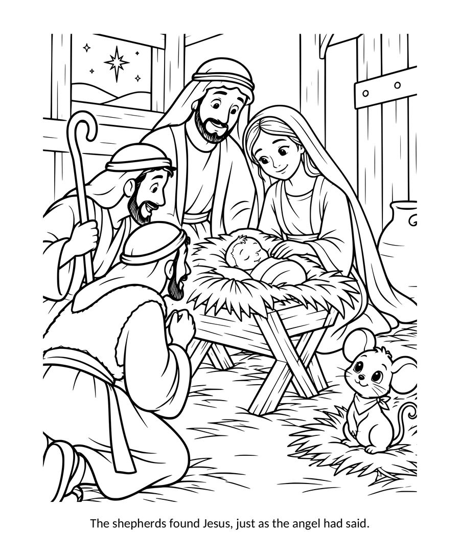 Nativity scene coloring page: the shepherds find baby Jesus in the manger with Mary and Joseph in the stable; a small mouse watches from the straw
