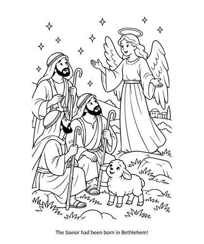 Shepherds and angel coloring page: an angel appears to three shepherds in the fields near Bethlehem; a small lamb stands beside them under the stars