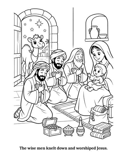 Three wise men coloring page: the wise men kneel and worship little Jesus held by Mary, their gifts on the floor, while a young camel looks in through the doorway