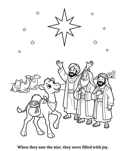 Christmas star coloring page: three wise men and a young camel point up at the big star shining over Bethlehem; two camels rest on the hill behind them